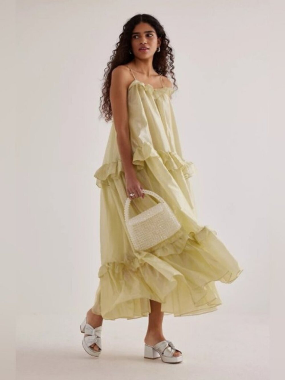 Stella Nova Sunniva Tiered Maxi Dress Yellow Metallic Strappy Anthropologie S/M - Picture 3 of 11